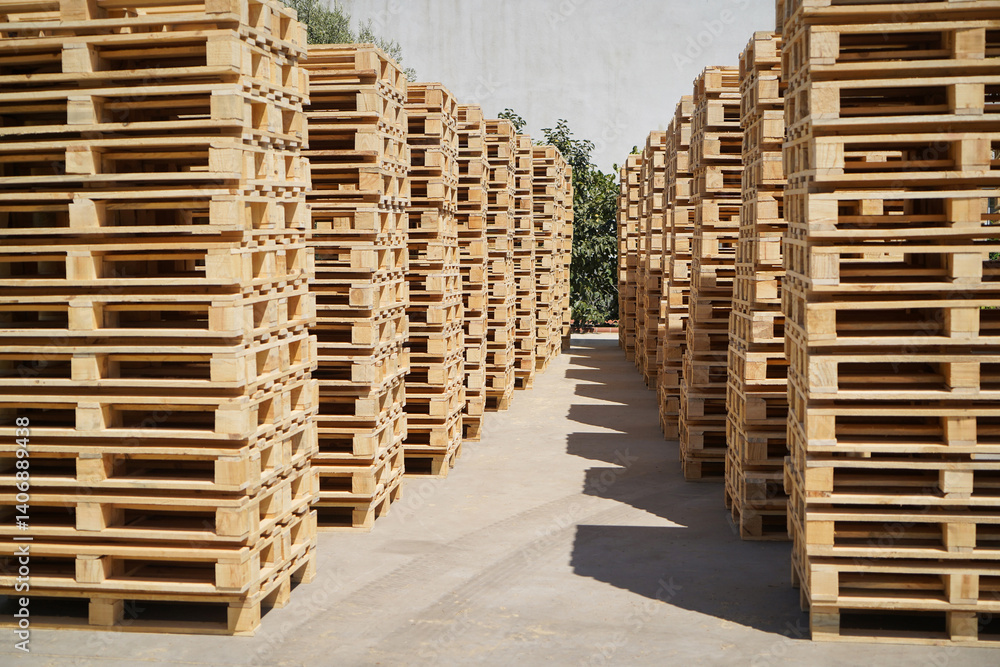 Stacks of Wooden Pallets Vertical Arranged Outdoors in Industrial Factory Setting