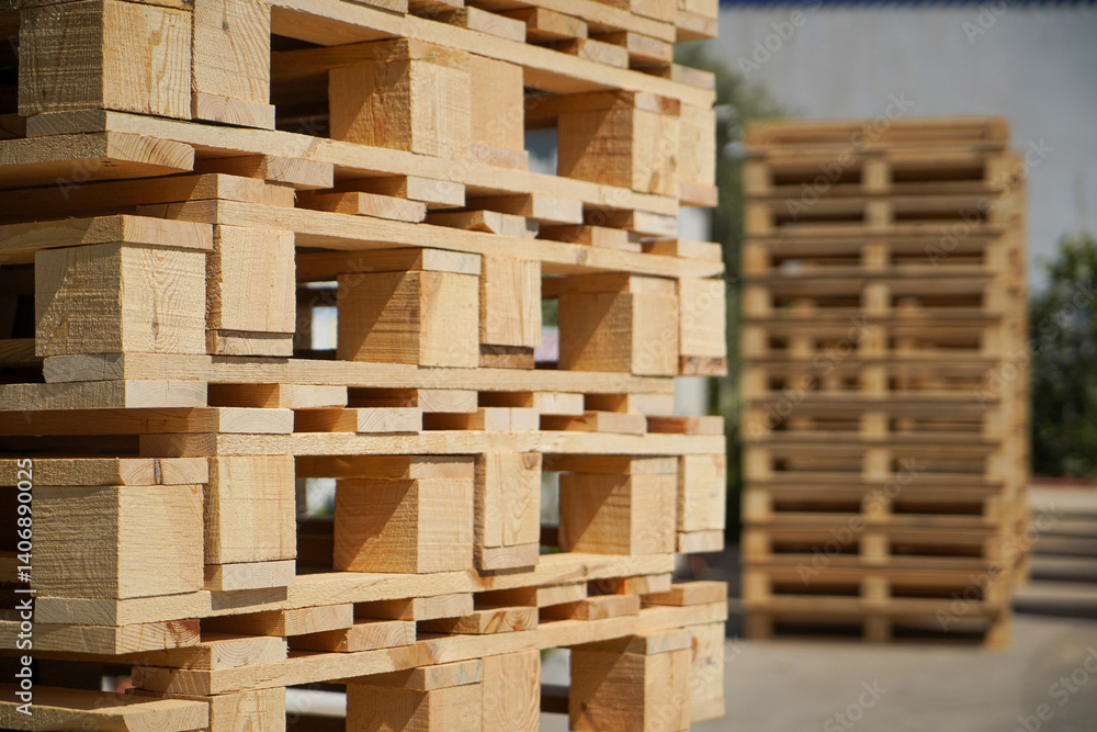 Stacked Wooden Pallets Outdoors in Sunshine for Industrial or Storage Use