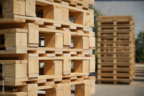 Obraz na płótnie Stacked Wooden Pallets Outdoors in Sunshine for Industrial or Storage Use w salonie