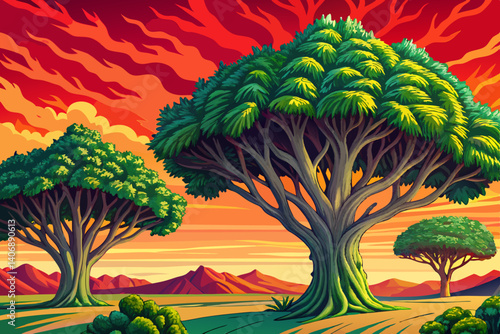 Rain tree isolated on sunset forest background, Tropical tree, Flat style vector illustration, orange and red sky with clouds