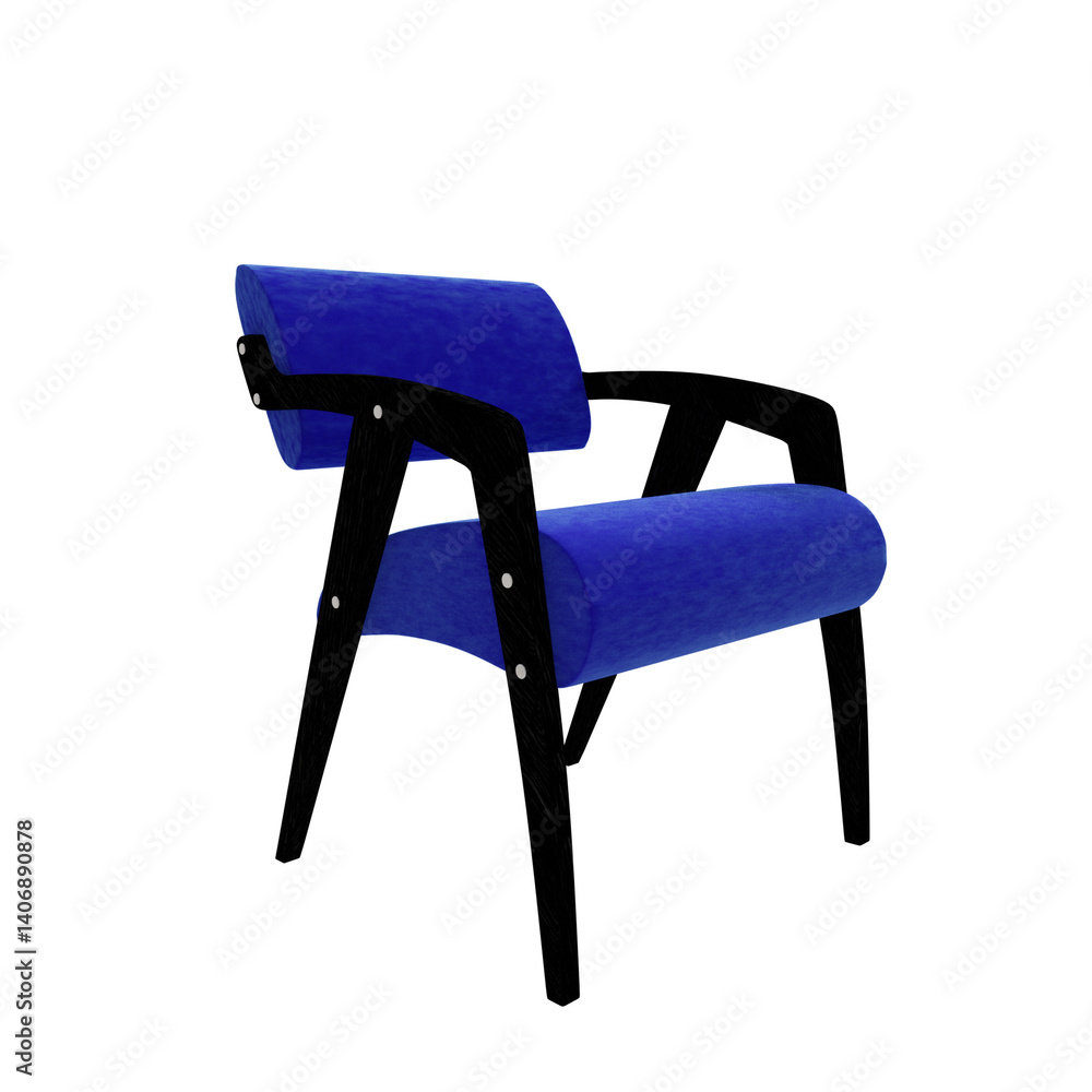3D render of a stylish chair with royal blue velvet upholstery and sleek black wooden frame. Ideal for café, restaurant, or interior design projects. Isolated on transparent background Trendy