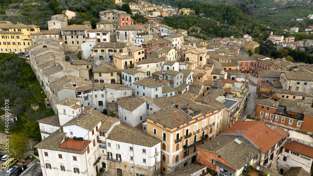 Aerial view of houses in the town of Arpino, located in the province of Frosinone in Lazio, Italy.