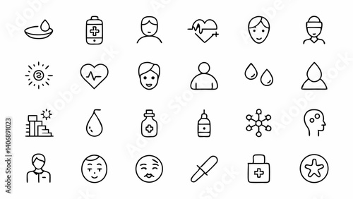 Clean dermatology icons in outline style featuring tools treatments and care procedures designed for websites mobile apps or digital content related to skin health