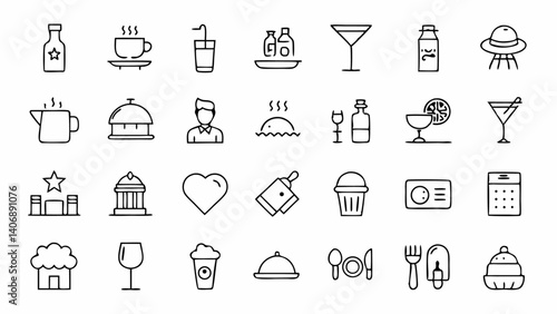 Elegant set of hospitality industry icons in line art style ideal for hotels restaurants tourism and travel related design projects requiring a polished visual identity