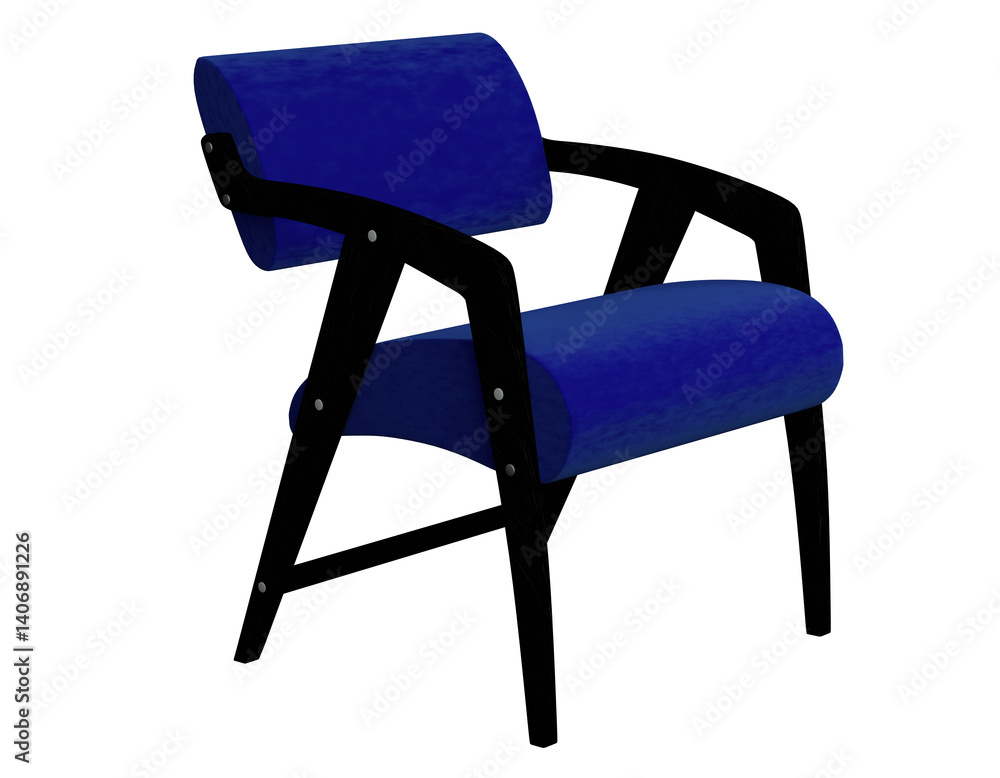 3D render of a stylish chair with royal blue velvet upholstery and sleek black wooden frame. Ideal for café, restaurant, or interior design projects. Isolated on transparent background Trendy