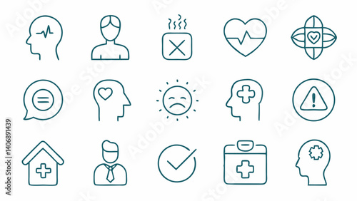 Collection of mental health outline icons featuring calming illustrations such as brain, therapy, emotions, mindfulness, and wellness for infographics and apps