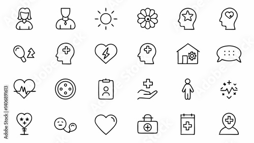 Mental health vector icons in thin line style showcasing therapy, brain activity, emotional balance, wellness routines, and mental care visuals