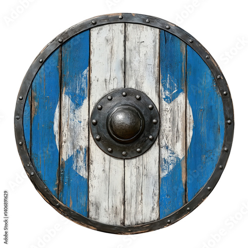 Rustic round wooden Viking shield painted blue with a white cross and central metal boss, weathered and historical.