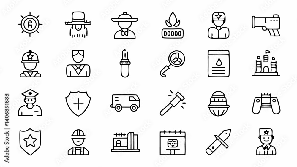 Fototapeta premium Security and police linear icons set featuring law enforcement equipment, protection symbols, emergency response tools, and public safety elements