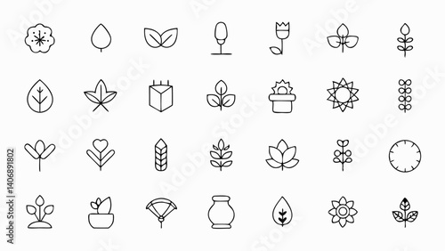 Stylish floral and plant outline icons perfect for garden, nature, eco-friendly branding, floral shops, and botanical visual content creation