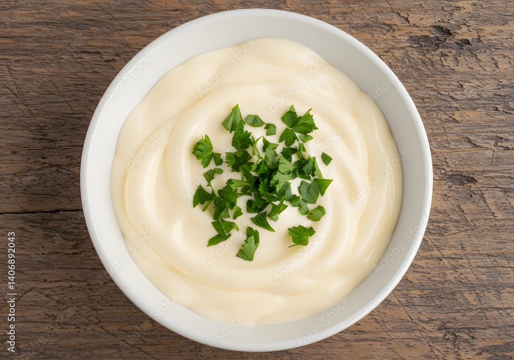 Creamy Mayonnaise with Fresh Parsley in a White Bowl on Wooden Surface - Food Photography. Creamy Mayonnaise with Fresh Parsley in a White Bowl on Wooden Surface - Food Photography.