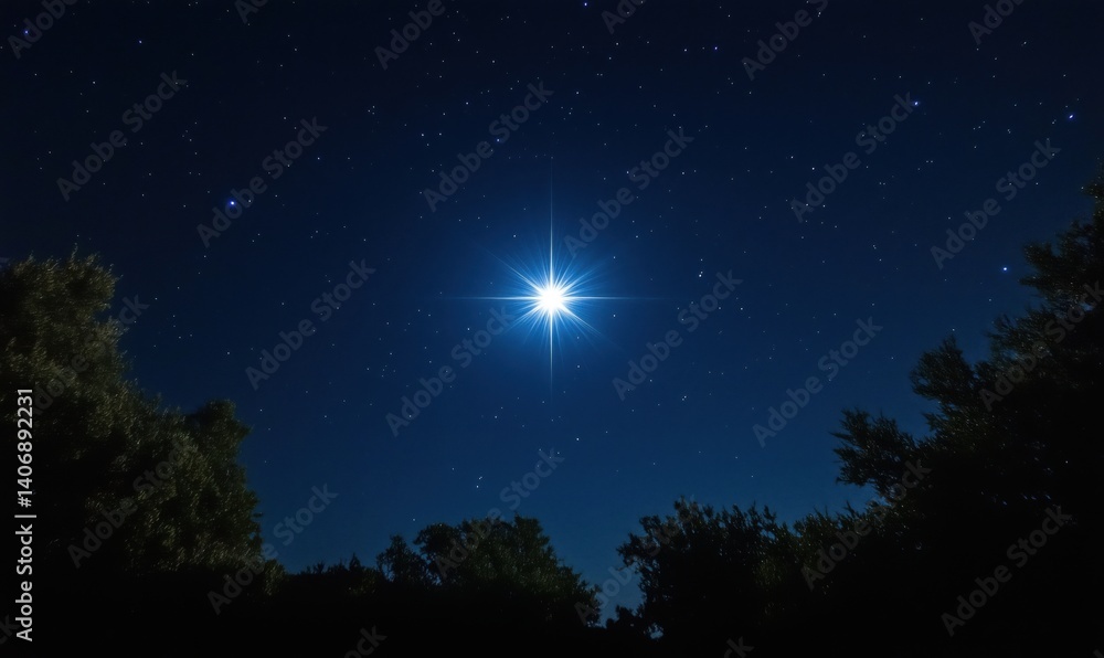 Fototapeta premium Bright Star Shining in Night Sky Surrounded by Stars and Trees