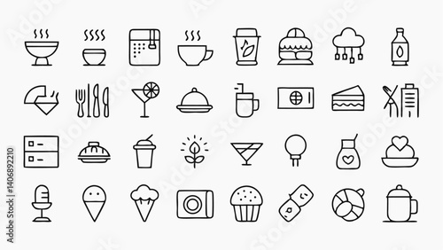 Elegant restaurant and cafe outline icons for food branding, menus, culinary content, table service, drinks, hospitality, and gourmet visuals