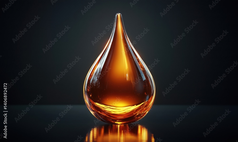 Elegant amber glass drop sculpture with reflective surface and soft lighting Elegant amber glass drop sculpture with reflective surface and soft lighting