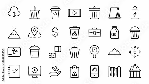 "A complete set of waste disposal and management icons created in linear outline format ideal for clean energy projects, waste segregation infographics, and more"