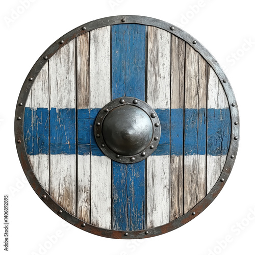 Obraz na płótnie Rustic round wooden Viking shield painted blue with a white cross and central metal boss, weathered and historical. w salonie