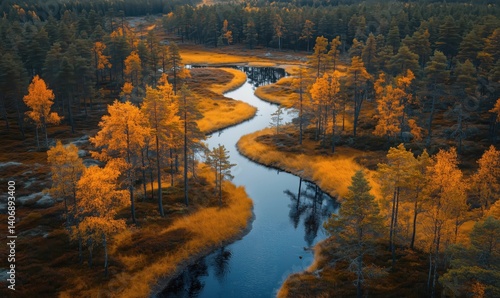 Autumn landscape with winding river and vibrant orange foliage in forested area
