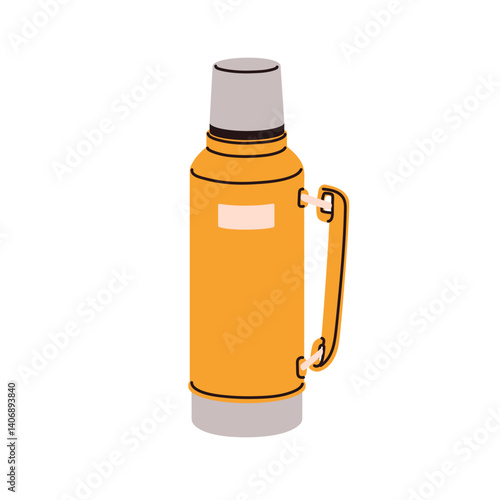 Thermos, insulated vacuum bottle with lid and handle for hot beverages. Refillable reusable termo drink container for travel, hiking, camping. Flat vector illustration isolated on white background