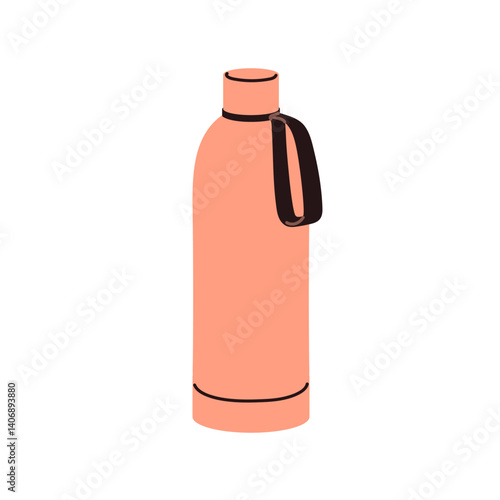 Thermos bottle for hot beverages. Insulated vacuum travel container with lid, cap, loop. Reusable eco-friendly vessel for water, tea, drink. Flat vector illustration isolated on white background