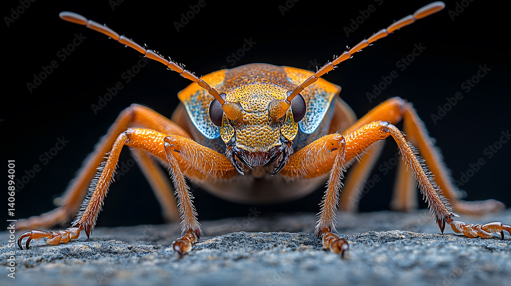 A highly detailed photography of a stink bug crawling on a wooden surface, highlighting its textured shell, long antennae, and unique shape with incredible sharpness.