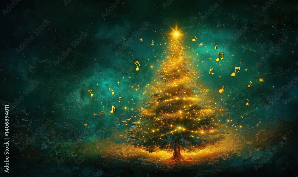 Naklejka premium Magical Christmas tree glowing with lights and musical notes in enchanting atmosphere