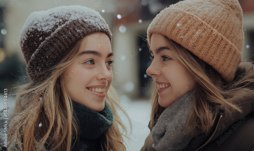 Fototapeta premium Smiling twins in winter hats enjoying snow day together outdoors