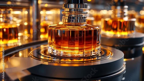 Amber Perfume Bottles on Conveyor Belt in Factory