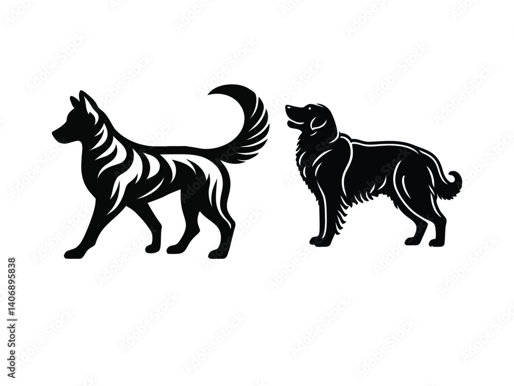 Obraz premium silhouette, dog illustrations, stylized canine figures, black and white artwork, minimalist design, graphic art, pet icons, contrasting shapes, sleek animal outlines, vector style, simplified forms, b