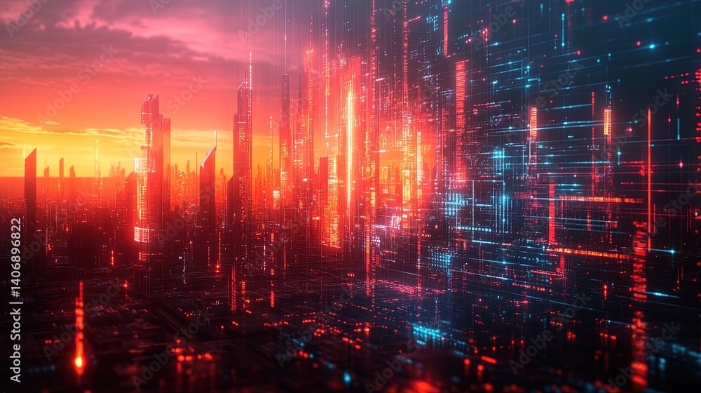 Fototapeta premium An abstract concept of a business chart merging with futuristic cityscapes and digital connections