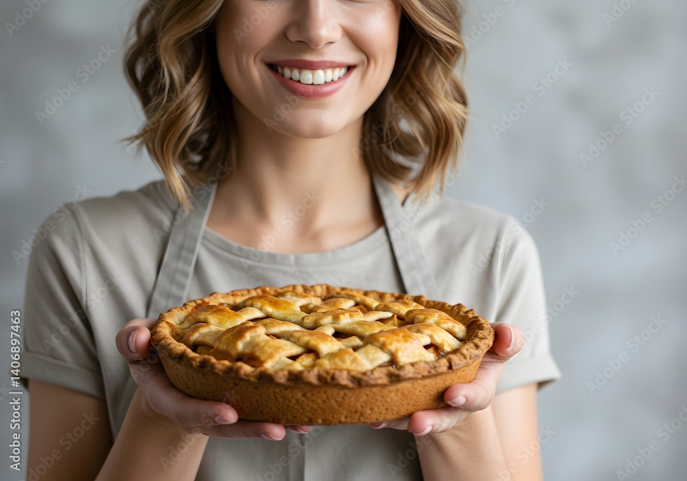 Smiling Woman Holding Fresh Baked Apple Pie, Home Baking, Pastry, Dessert, Food Concept Smiling Woman Holding Fresh Baked Apple Pie, Home Baking, Pastry, Dessert, Food Concept