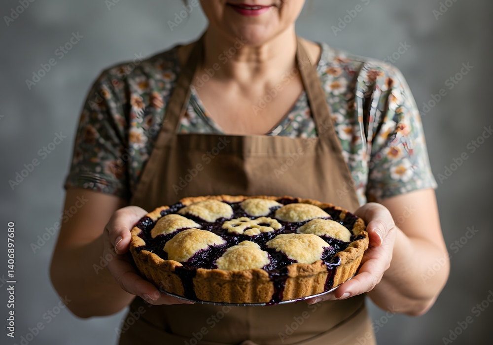 Woman Holding Freshly Baked Blueberry Pie Homemade Dessert, Culinary Arts, Baking, Food Photography. Woman Holding Freshly Baked Blueberry Pie Homemade Dessert, Culinary Arts, Baking, Food Photography.