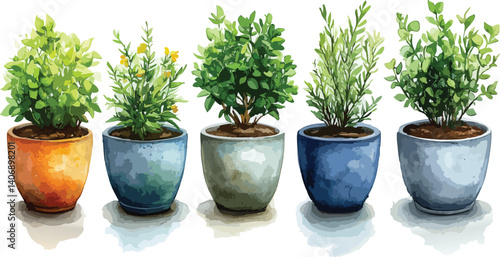 Multiple Flowerpots, watercolor effect, vector.	

