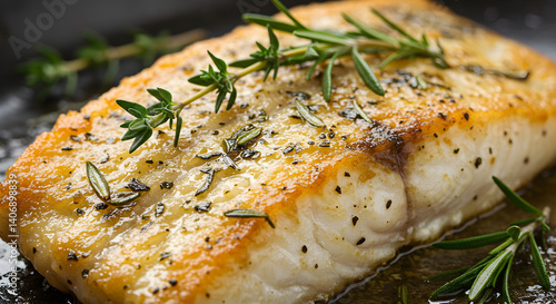 Pan Seared Halibut Steak Garnished With Fresh Thyme And Rosemary Sprigs