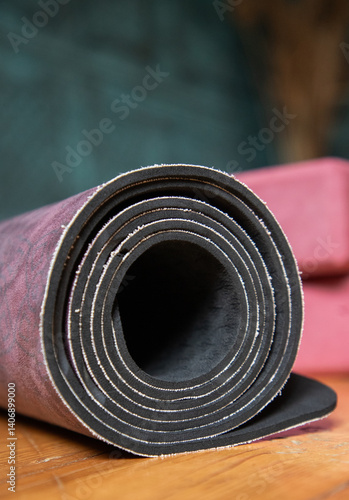 Obraz na płótnie yoga mat and accessories on the floor w salonie