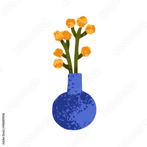 Flowers in vase. Floral natural home interior decoration. Yellow blooms, billy balls, craspedia in small bouquet, posy. Summer wildflowers decor. Flat vector illustration isolated on white background