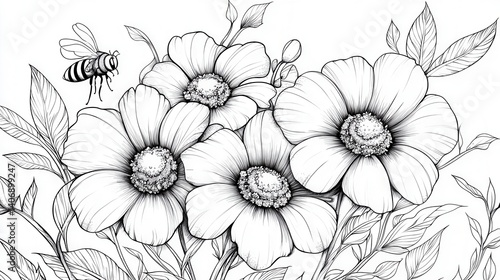 Wallpaper Mural Detailed Floral Illustration with Bee Torontodigital.ca