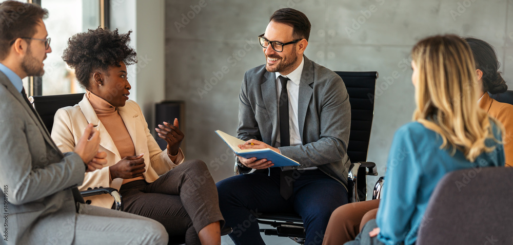 Support with group, therapy and mental health with help, people together talking about problem