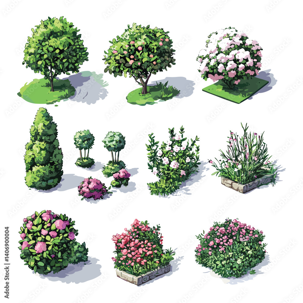 Fototapeta premium Isometric Bushes and Flowers Illustration