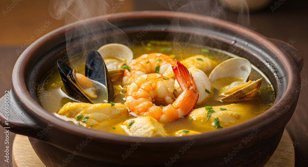 Steaming Seafood Soup In Brown Ceramic Bowl, Ready To Enjoy Steaming Seafood Soup In Brown Ceramic Bowl, Ready To Enjoy