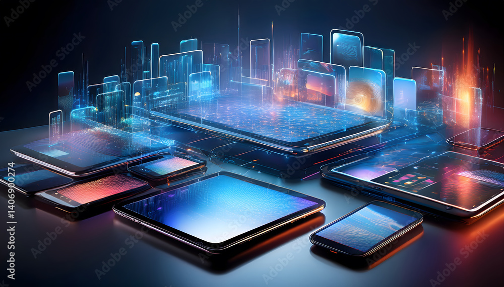 Fototapeta premium Futuristic digital devices with glowing screens and interconnected designs