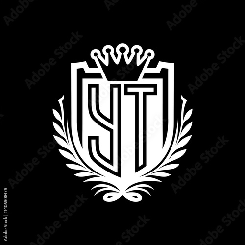 YT Letter logo heraldic shield shape with crown on black background template design