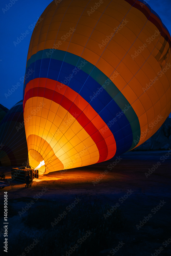 Obraz premium A large colorful hot air balloon is illuminated by fire during the inflation process at night. This image conveys adventure travel, tourism, teamwork, and outdoor event preparation.