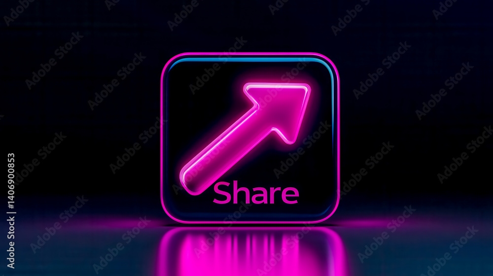 Share button with upward arrow glowing in neon pink and blue light Share button with upward arrow glowing in neon pink and blue light