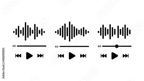 Audio Waveforms: Illustrative black and white display featuring detailed audio waveforms, play buttons, and volume controls, suitable for music related themes.