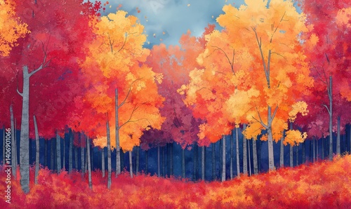 Vibrant autumn forest landscape with colorful orange and red foliage