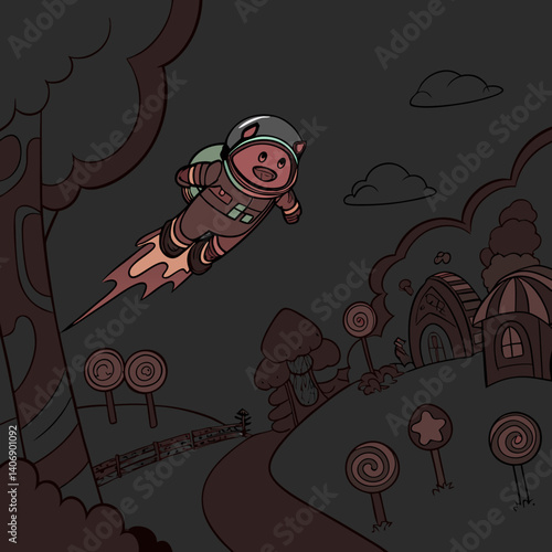 Flying pig with jetpack soaring over vibrant Candyland in a whimsical, adventurous fantasy scene.