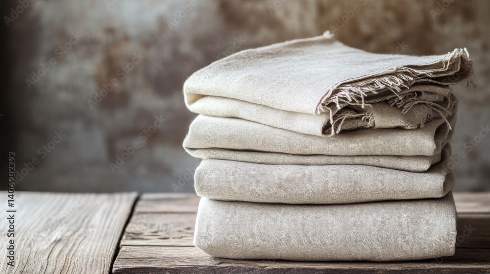 Neatly Folded Linen Towels on Rustic Wooden Surface Neatly Folded Linen Towels on Rustic Wooden Surface