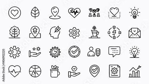 Minimal outline icon set focused on corporate core values such as accountability respect innovation and dedication designed for professional business use and branding