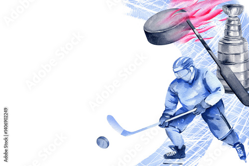 hockey players with sticks in motion, puck flying in a crimson fire flame, puck, stick, silver cup award, blue abstract splash, hand drawn illustration, watercolor frame of winter ice sport