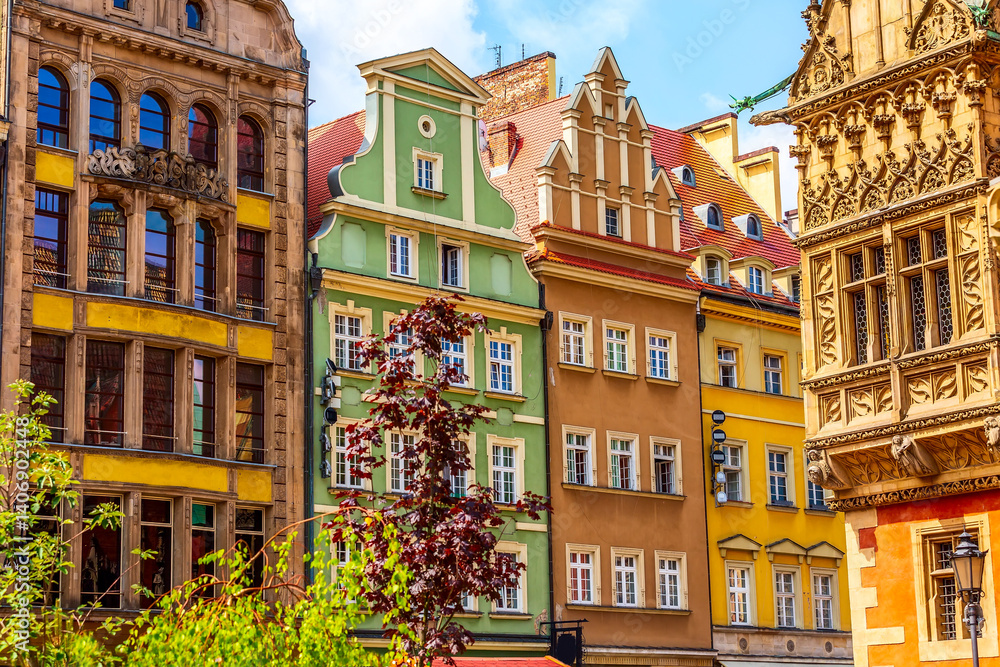 Fototapeta premium Wroclaw, Poland Old Town Rynek Market Square colorful houses
